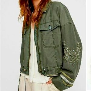 Free People Olive Green Embellished Utility Jacket